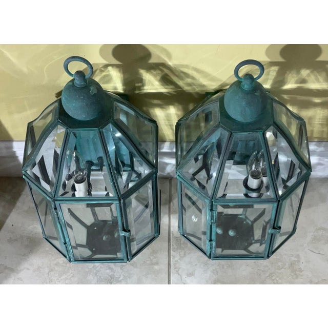Pair of Vintage Solid Brass & Beveled Glass Wall Lantern - Sconces - Verdigris For Sale - Image 11 of 14