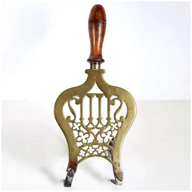 English Gothic Revival Brass, Iron and Oak Handle Fireplace Hearth Trivet For Sale - Image 4 of 5