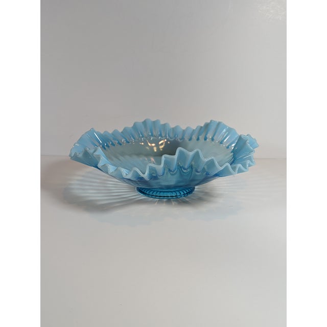Blue Antique Glass Aqua Blue Ribbed Optic Bride’s Bowl, Crescent Silver Co. Quadruple Plate Base For Sale - Image 8 of 10