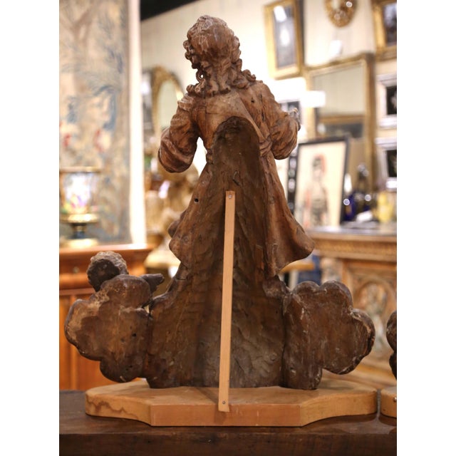 Pair 18th Century Italian Baroque Carved Painted Wood Adoring Angel Sculptures For Sale - Image 13 of 16