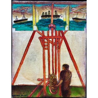 Pincas Moreno, Surrealist Bulgarian French Israeli Riviera Scene Boats Oil Painting For Sale