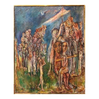 Sabina TeichmanAbstract Procession Jewish Wedding Chuppah Oil Painting Modernist Judaica, c.1950s For Sale