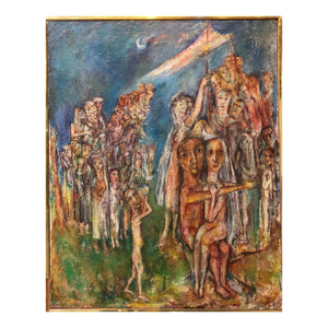 Sabina TeichmanAbstract Procession Jewish Wedding Chuppah Oil Painting Modernist Judaica, c.1950s