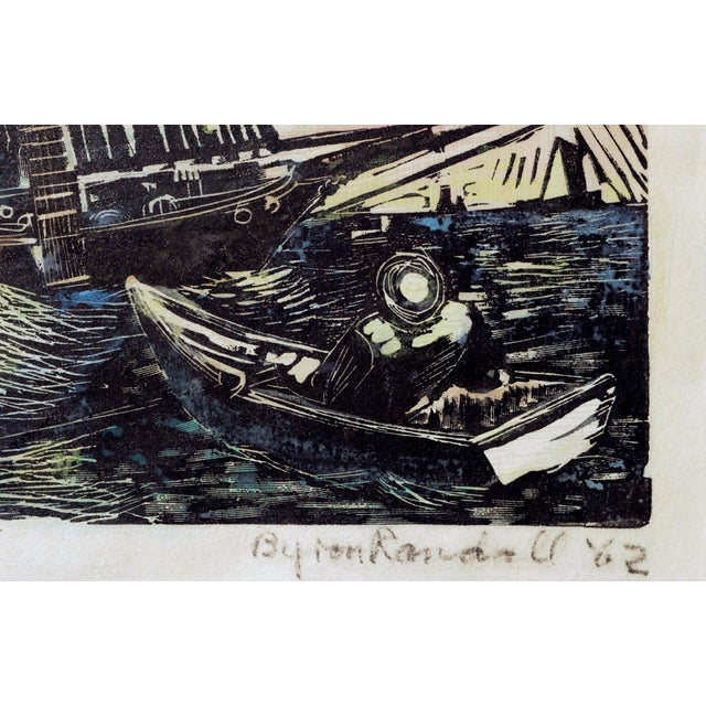 Paint "Schooner + Doryman" First Edition Hand-Colored Woodblock Print by Byron Randall For Sale - Image 7 of 7
