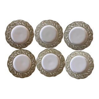 Set of 6 Vintage J&g Meakin English Ironstone Green and White Dinner Plates For Sale