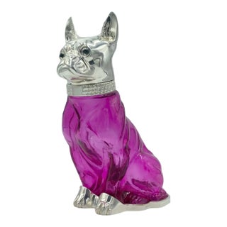 Vintage French Bulldog Pink Glass Silverplate Claret Jug Decanter For Sale