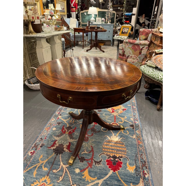 Mid 20th Century Vintage Burled Mahogany Drum Table For Sale - Image 5 of 10