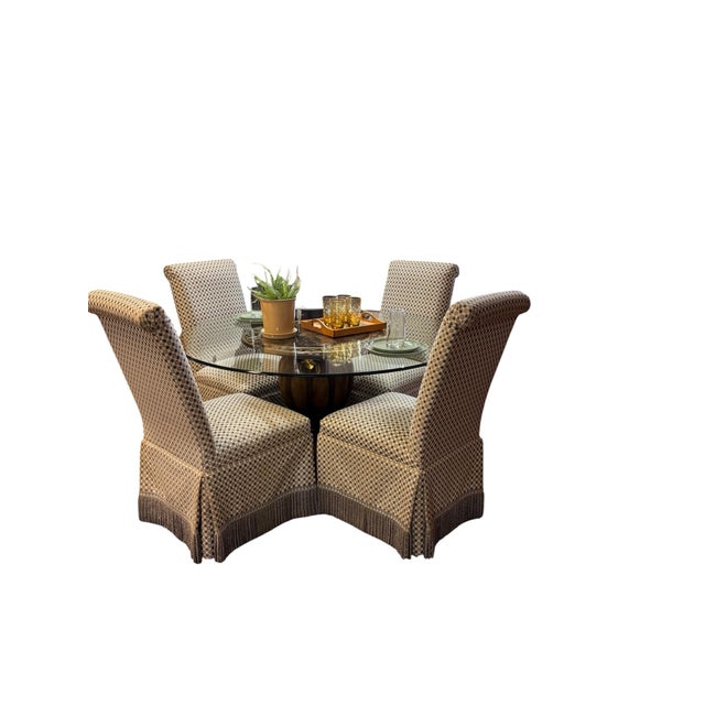 Late 20th Century Traditional Round Glass Pedestal Dining Table & 4 Fringed Upholstered Chairs For Sale - Image 11 of 12