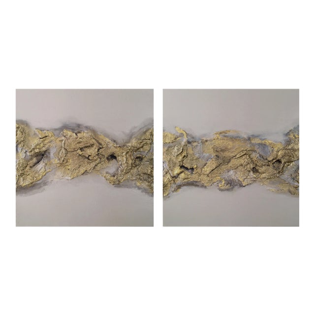 "EarthScape" Original Abstract Wall Sculptures Marble Brass Gold - a Pair For Sale