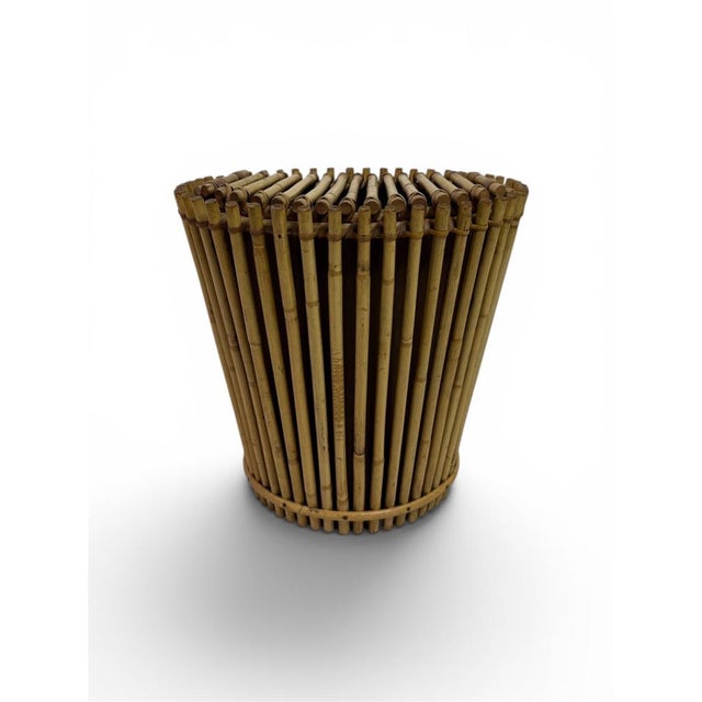 A decorative Italian bamboo waste basket with lid, dating from the 1970s, crafted in the popular tropical style of the...