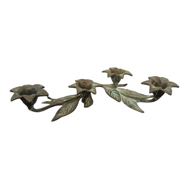 Antique Verdigris Bronze Flower Candle Holders - a Pair For Sale