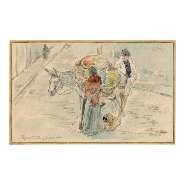 Antique Walter Shirlaw Madrid Market Watercolor For Sale