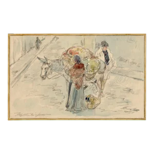 Antique Walter Shirlaw Madrid Market Watercolor