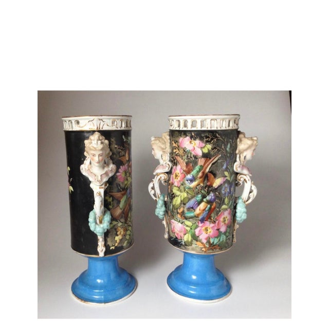Beautiful Large 16 Inch Pair Antique French Porcelain Urns or Vases Eclectic Victoria Aesthetic Movement Naturalism Maidenhead Handles For Sale - Image 4 of 11