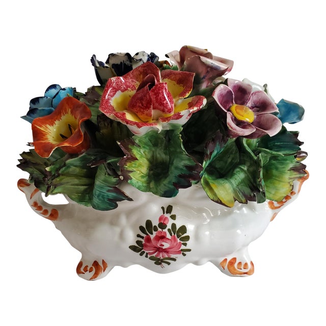 Capodimonte Style Mid- Century Floral Basket Centerpiece For Sale