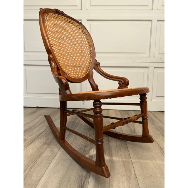 Antique Victorian Carved Wood Hand-Caned Rocking Chair For Sale - Image 12 of 17