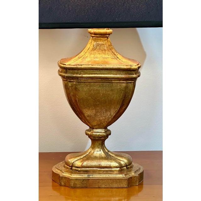 Antiqued Gold Leaf Urn Form Table Lamps With Black Shades - a Pair For Sale - Image 4 of 10