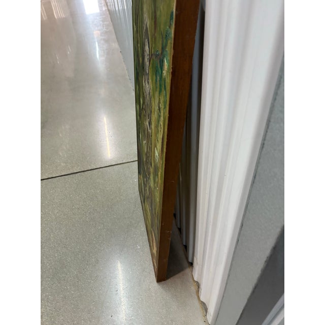 Wood Mid 20th Century Modern Painting of a Guanyin Statue in Garden Setting Signed Lynn Morell For Sale - Image 7 of 8