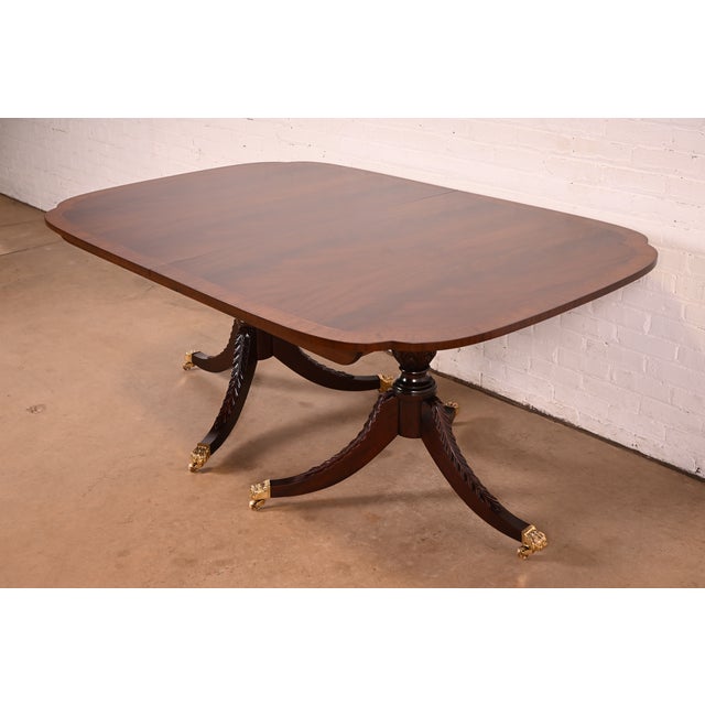Brown Stickley Georgian Banded Flame Mahogany Double Pedestal Extension Dining Table | Newly Refinished For Sale - Image 8 of 14