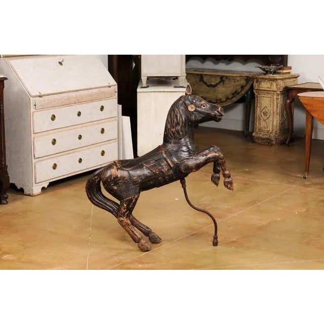 Brown Late 19th Century French Carved Carousel Prancing Horse Sculpture with Patina For Sale - Image 8 of 13