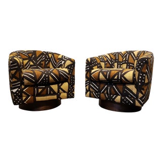 African Fabric Mid Century Swivel Club Chairs a Pair For Sale