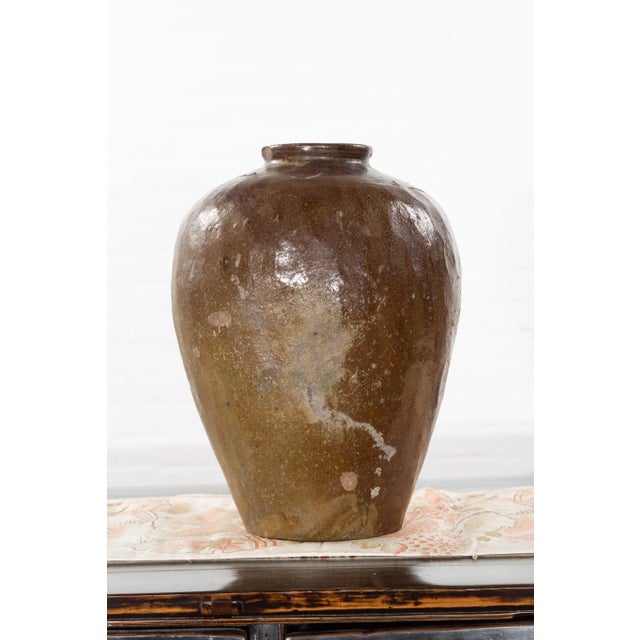 Antique Japanese 19th Century Brown Glazed Water Jar with Distressed Appearance For Sale - Image 10 of 13