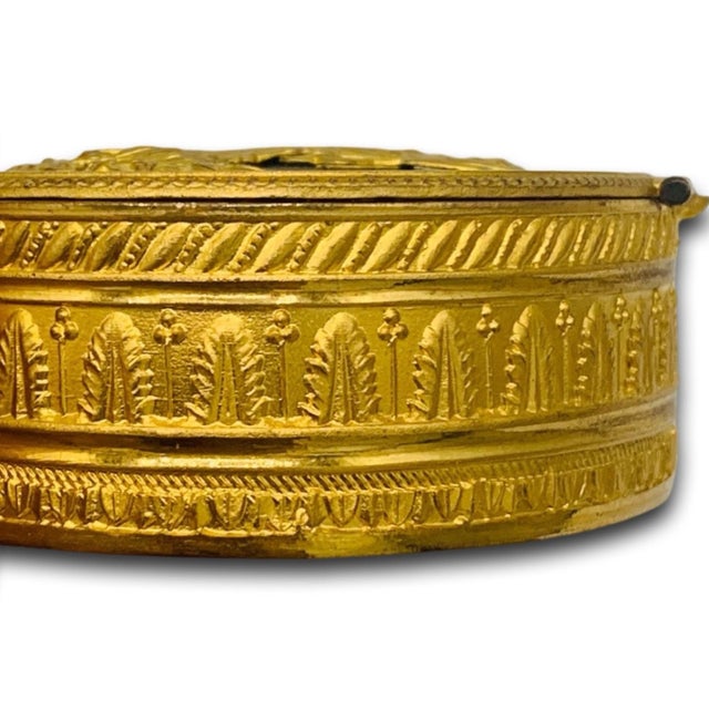 French Antique French Neoclassical Ormolu Box With Dancing Muse & Stripe Tapestry Lining, Belle Époque, Circa 1900 For Sale - Image 3 of 12