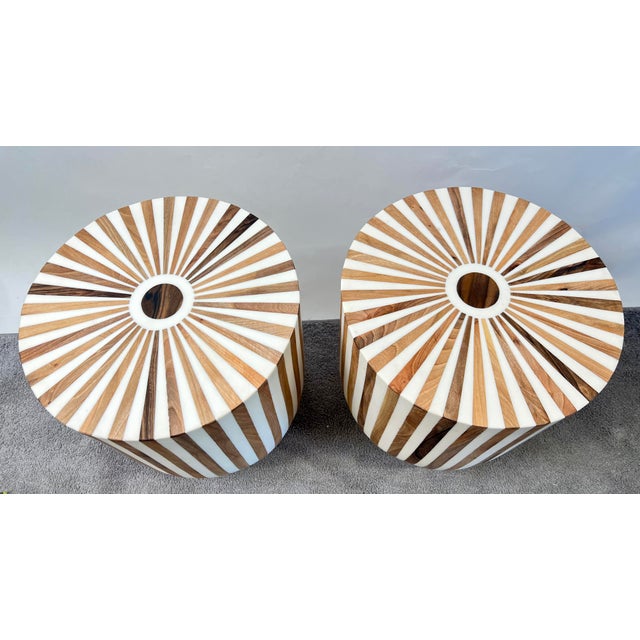 Art Deco Style Brown & White Cylindrical Walnut Resin End Table or Stool, a Pair For Sale - Image 13 of 14
