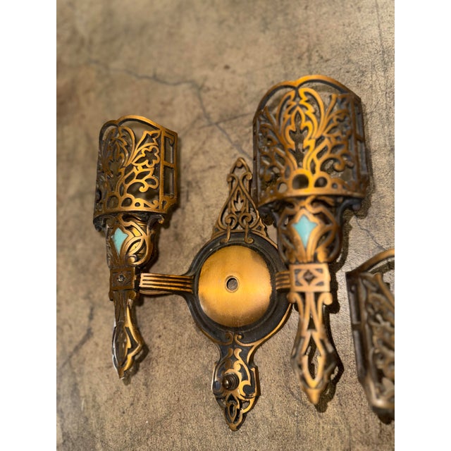 1920s Art Deco Polychrome Sconces With Robin’s Egg Blue Accents and Slip Shades - Set of 3 For Sale - Image 11 of 12