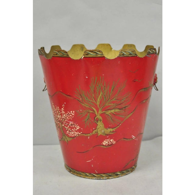 Mid 20th Century Italian Chinoiserie Hand Painted Oriental Red Tole Metal Wastebasket Trashcan For Sale - Image 16 of 18
