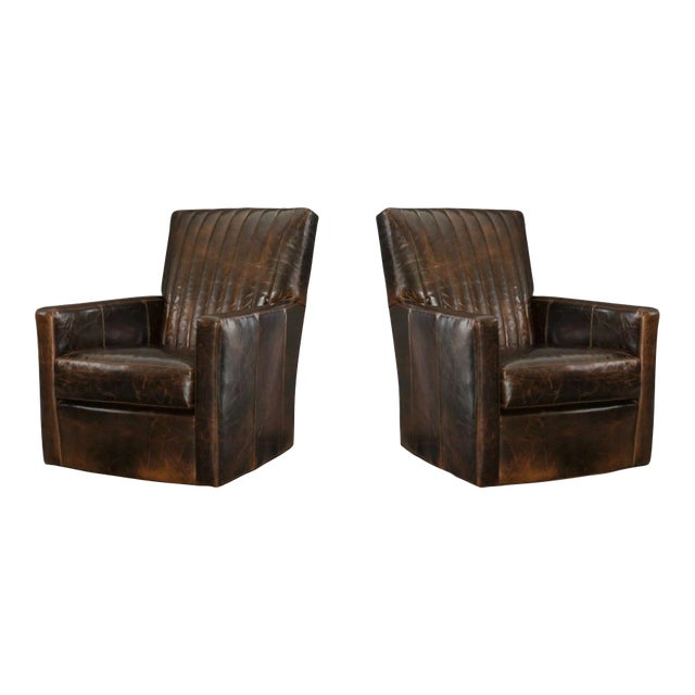 Pair of CR Laine Malcolm Brown Leather Swivel Chairs For Sale