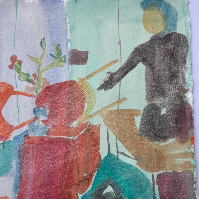 Abstract 1980’s Original Abstract Female Nude Figure & Figure in Interior Watercolor Painting For Sale - Image 3 of 4