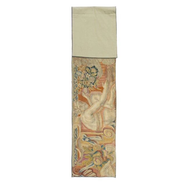 Antique Red Belgian Tapestry Area Rug Silk & Wool Hand-Knotted 1'7'' x 8'3'' Red, Beige, one of pair