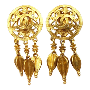 Chanel Vintage Gold Plated Round CC Filigree Spear Dangle Clip on Earrings, A Pair