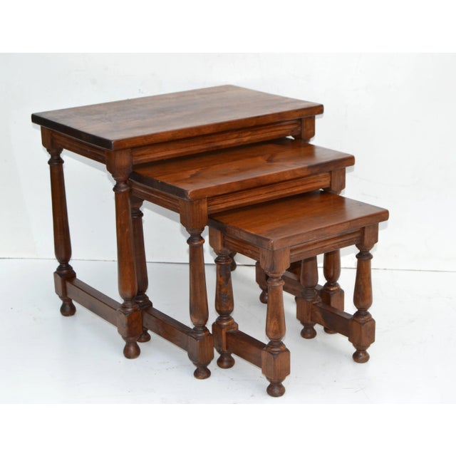 Vintage Oak Wood Set of 3 Nesting Tables Turned Legs, Stacking Tables, France For Sale - Image 13 of 13