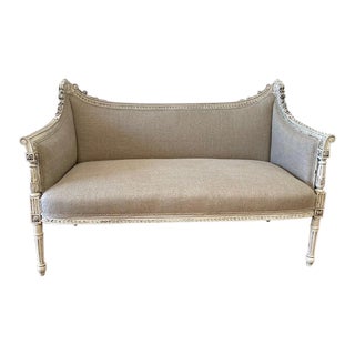Antique Louis XVI Style Carved Settee With Roses and Linen Upholstery For Sale