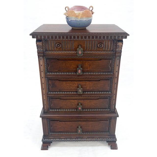 Fine Ornate Carved Oak 5 Drawers Bracket Feet Decorative Chest c1900s MINT For Sale - Image 14 of 18