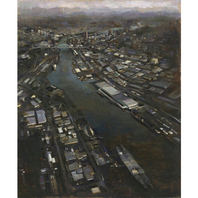 This oil painting captures a sweeping aerial view of Portland, focusing on the intricate interplay of urban structures and...