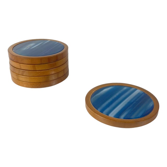 Mid-Century Modern Coasters in Blue Agate and Wood, 1960s, Set of 6 For Sale