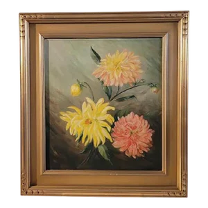 Early 20th C Oil Painting of Chrysanthemums