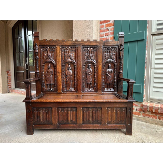 Antique English Gothic Hall Bench Carved Oak Medieval Knights Settle C1880 For Sale - Image 4 of 18