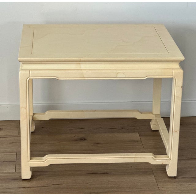 Classic Ming style side table by Henredon in a faux goatskin finish. Excellent vintage condition with beautiful...