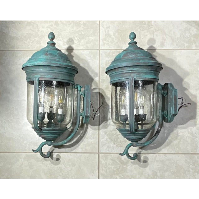 Pair of Vintage Solid Brass Wall Lanterns /Sconces 22”x10”x11”.5 For Sale In Miami - Image 6 of 16