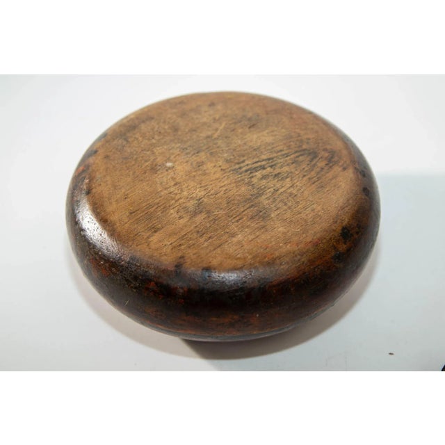 Vintage Asian Red and Black Painted Wooden Round Lidded Box With Metal Ring Handle For Sale - Image 11 of 17
