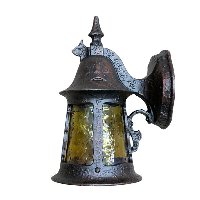 1920s 1920s Storybook Outdoor Porch Light in Antique Copper Finish With Original Amber Glass Shade #2626 For Sale - Image 5 of 7