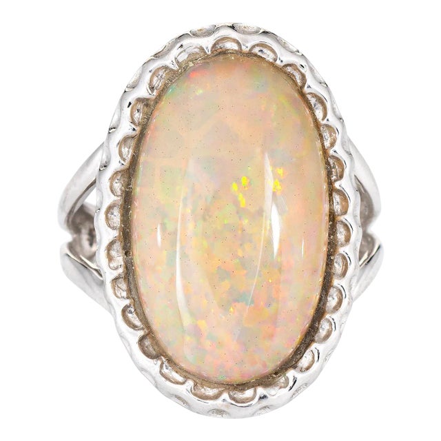 8ct Natural Opal Ring Estate 14k White Gold Large Oval 6.5 Cocktail Jewellery size 6.5 For Sale