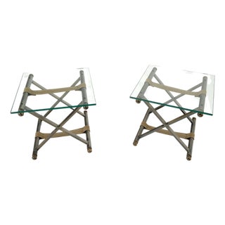 Pair of Glass Top X Bases Smoked Chrome End Side Bed Tables Stands DIA MINT! For Sale