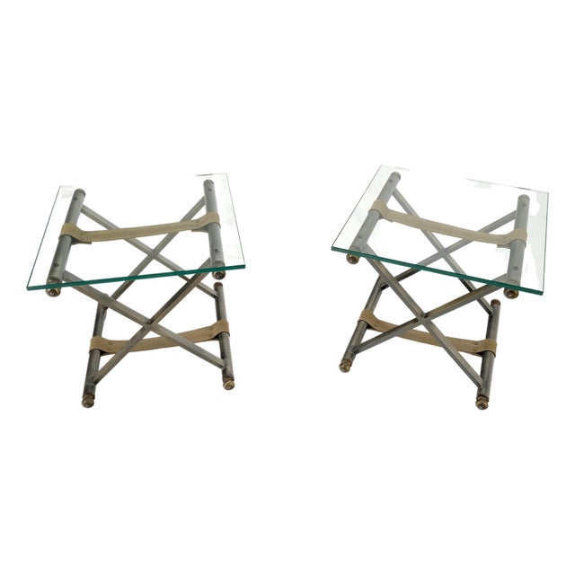 Pair of Glass Top X Bases Smoked Chrome End Side Bed Tables Stands DIA MINT! For Sale