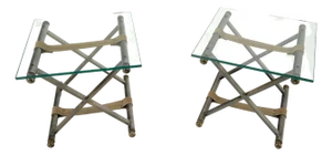 Pair of Glass Top X Bases Smoked Chrome End Side Bed Tables Stands DIA MINT!