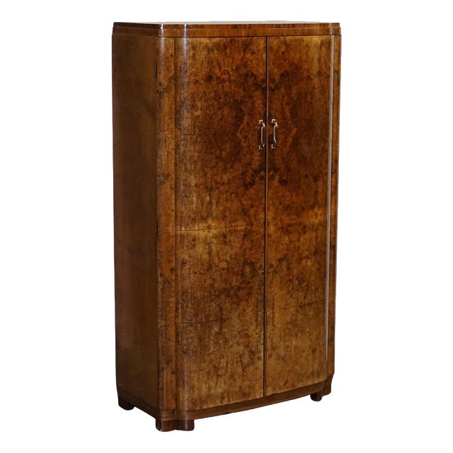English Art Deco Burr Walnut 2-Door Wardrobe with Shelves, 1930s For Sale